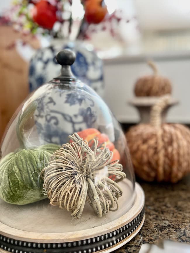 Display small pumpkins in a glass cloche