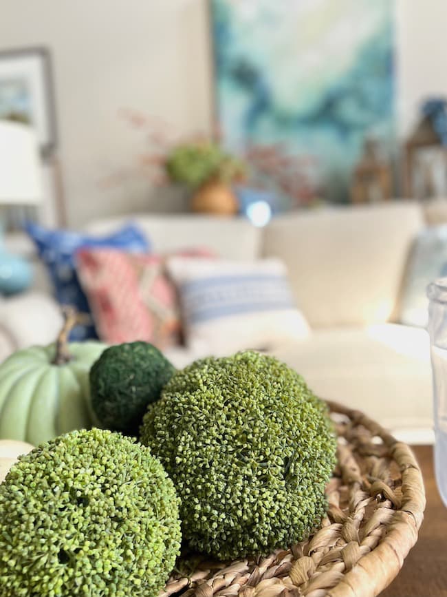 Green and White pumpkins with moss balls in a large basket bowl