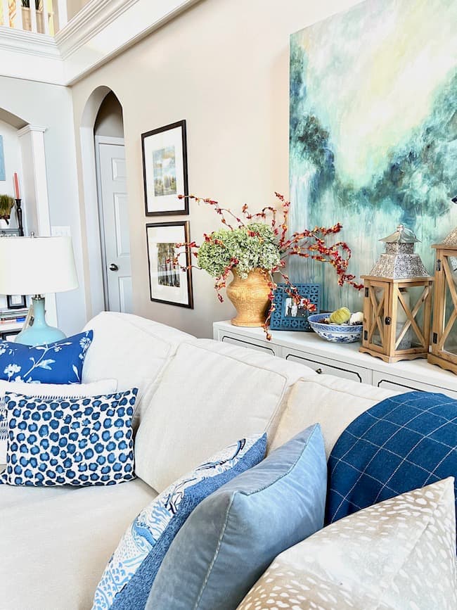Fall Decorating in the Living Room with Blue and White