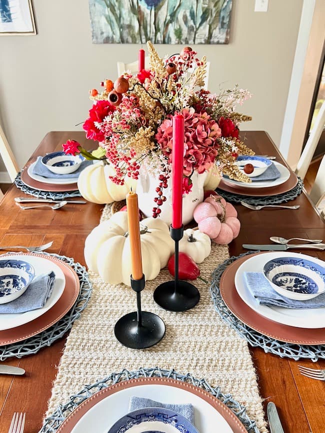 Cranberry and Pink Dining Table Fall Centerpiece with Blue and White dishes for fall