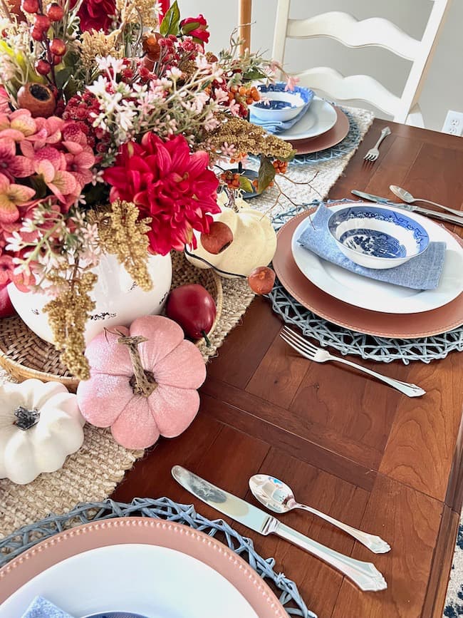 Dining Table Fall Centerpiece with Blue and White dishes for fall