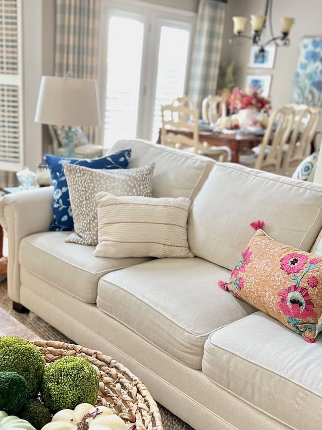 Blue and White pillow with neutral pillows on sofa