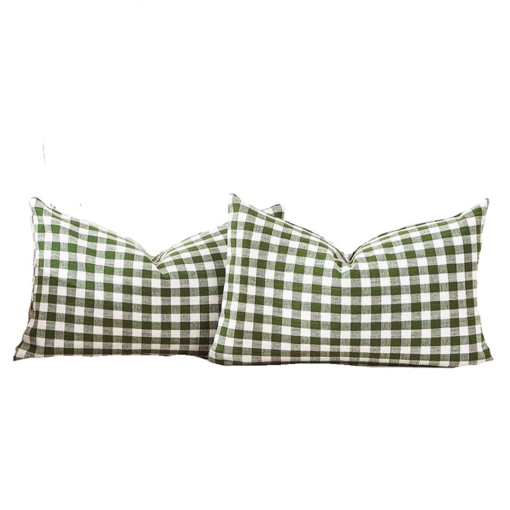 Two rectangular throw pillows featuring a green and white gingham check pattern are positioned side by side against a white background. The pillows have a soft, plump appearance, offering a cozy and stylish addition to lakehouse decor.