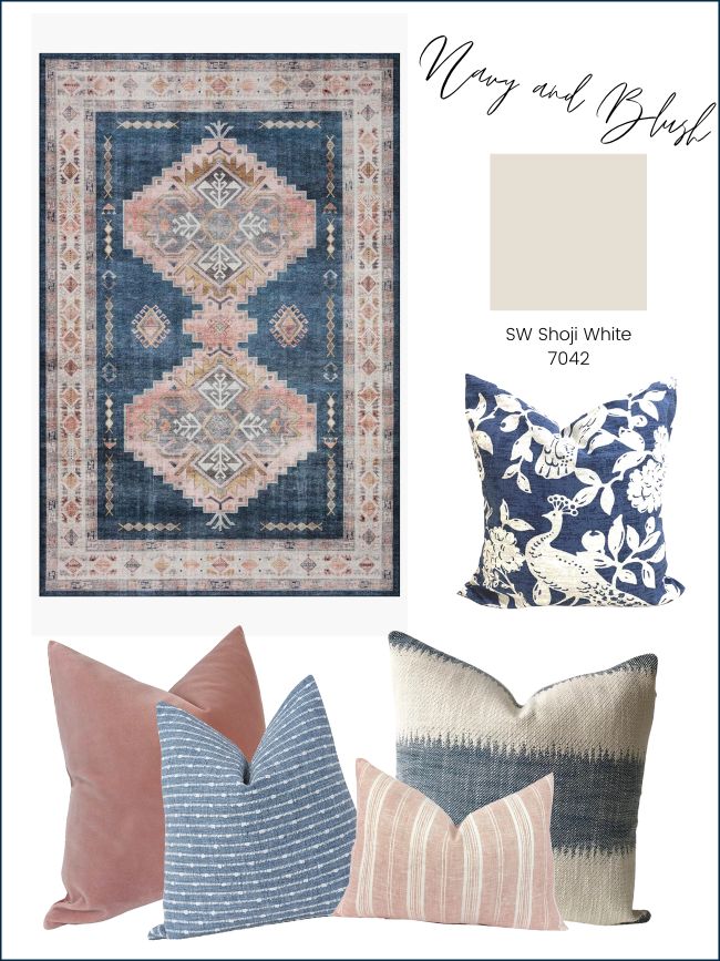 Blue and Blush Rug and Pillows for Living Room