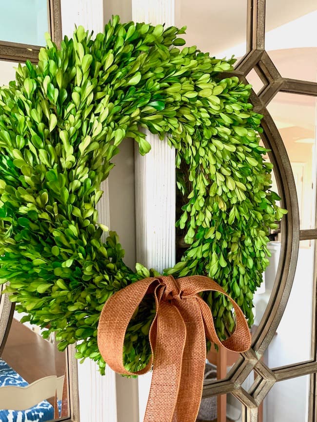 Boxwood Wreath with Orange burlap ribbon