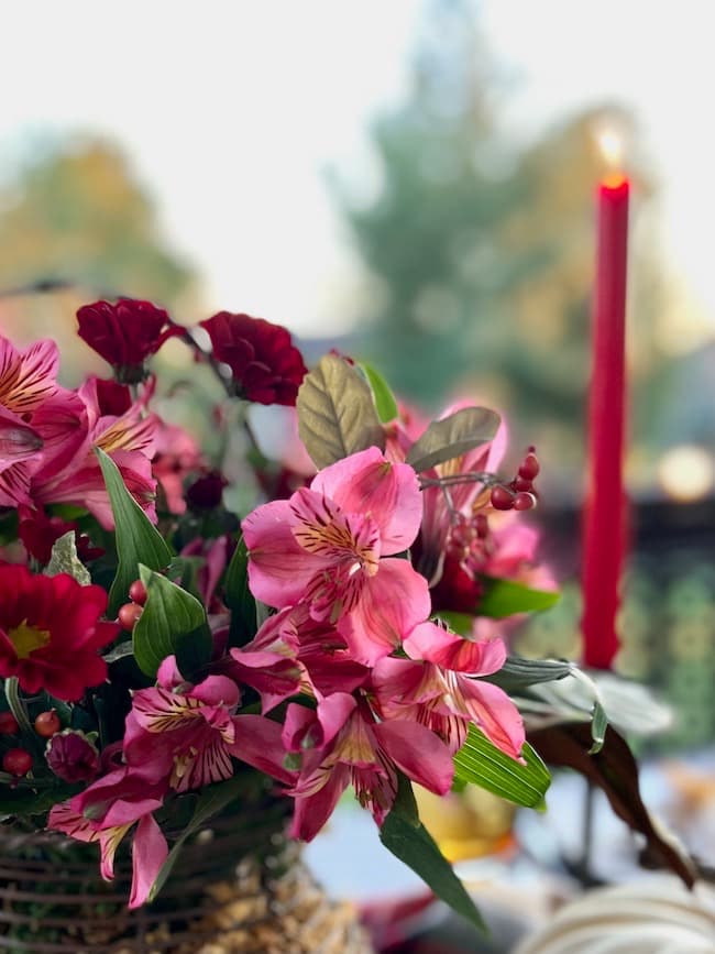 Floral Arrangement with Pink Alstroemeria and Red Mums