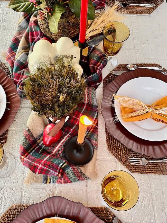 Thanksgiving Table with plaid table runner