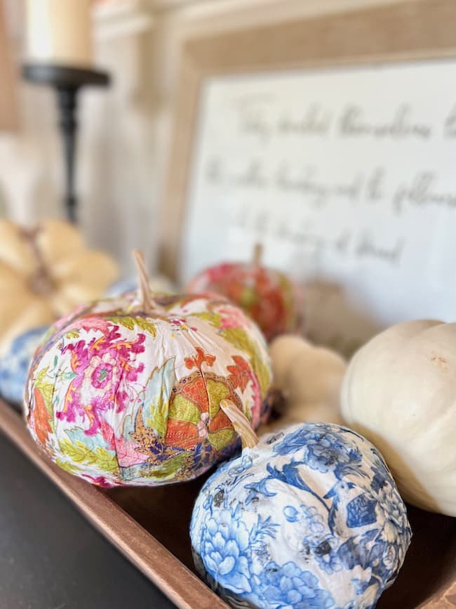 Tobacco Leaf and Blue and White Decoupage Pumpkins in a Bowl