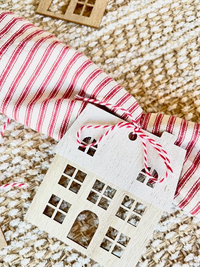 Red and White Ticking Christmas Napkins with DIY House Napkin rings
