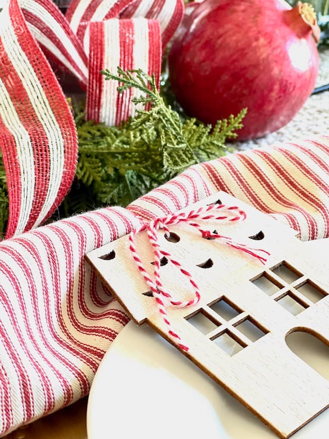 Red and White Ticking Christmas Napkins with DIY House Napkin rings