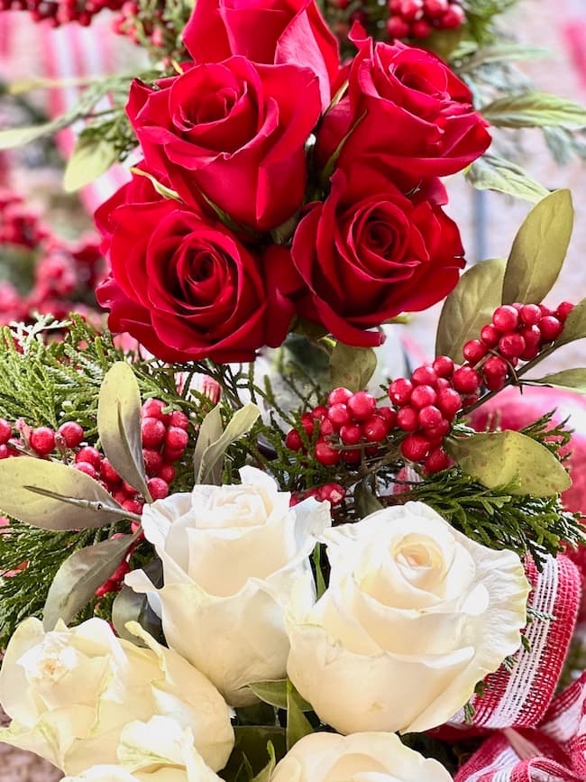 Christmas Centerpiece with red and white roses