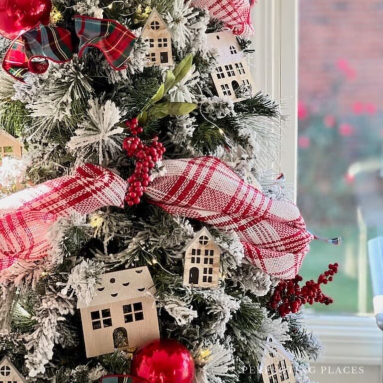 Kitchen Christmas Tree with DIY house Christmas ornaments