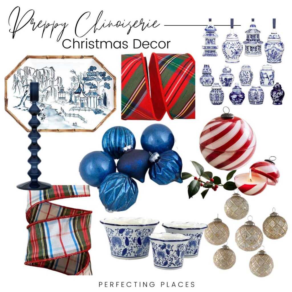 A collage of preppy chinoiserie Christmas decor offers charming theme ideas for decorating, featuring blue and white porcelain, plaid ribbons, festive ornaments, a landscape tray, a blue candlestick, and holly sprigs.