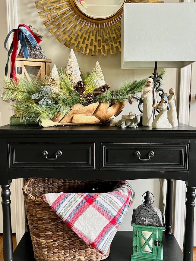 Foyer Table with nativity and Christmas greenery