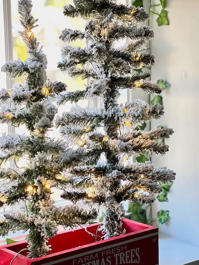 Small lighted flocked trees in the window