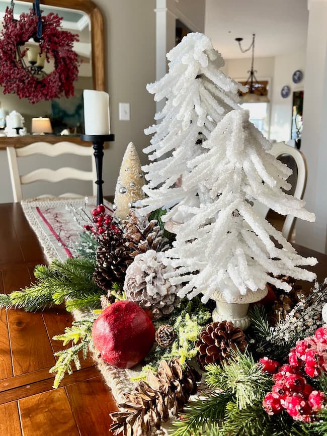 Diy Snowy Christmas Trees in the dining room tablescape