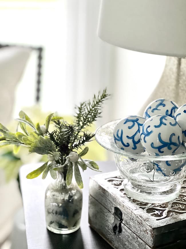 Hand painted Blue and white ornaments in bowl in bedroom