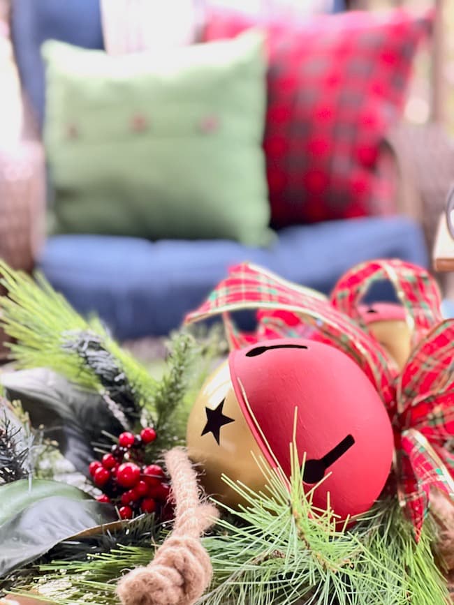 Jingle Bell centerpiece on screened porch