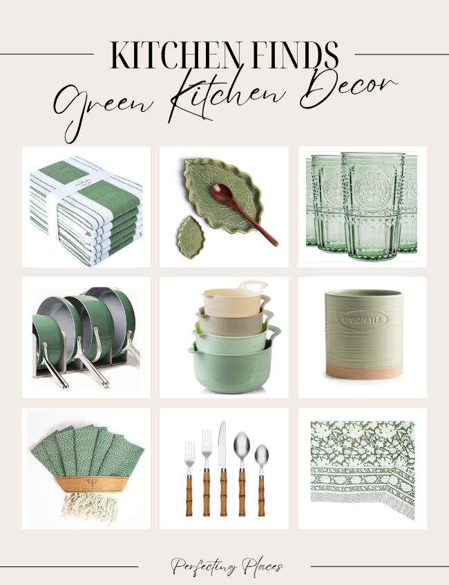 A collage titled "Kitchen Finds, Green Kitchen Decor" features various kitchen items: green dish towels, a leaf-shaped serving platter, patterned green glasses, and green pots and pans. Inspired by some of the best Sherwin Williams paint colors for kitchens, it includes mixing bowls, a utensil holder, cloth napkins, wooden-handled utensils, and a patterned tablecloth.