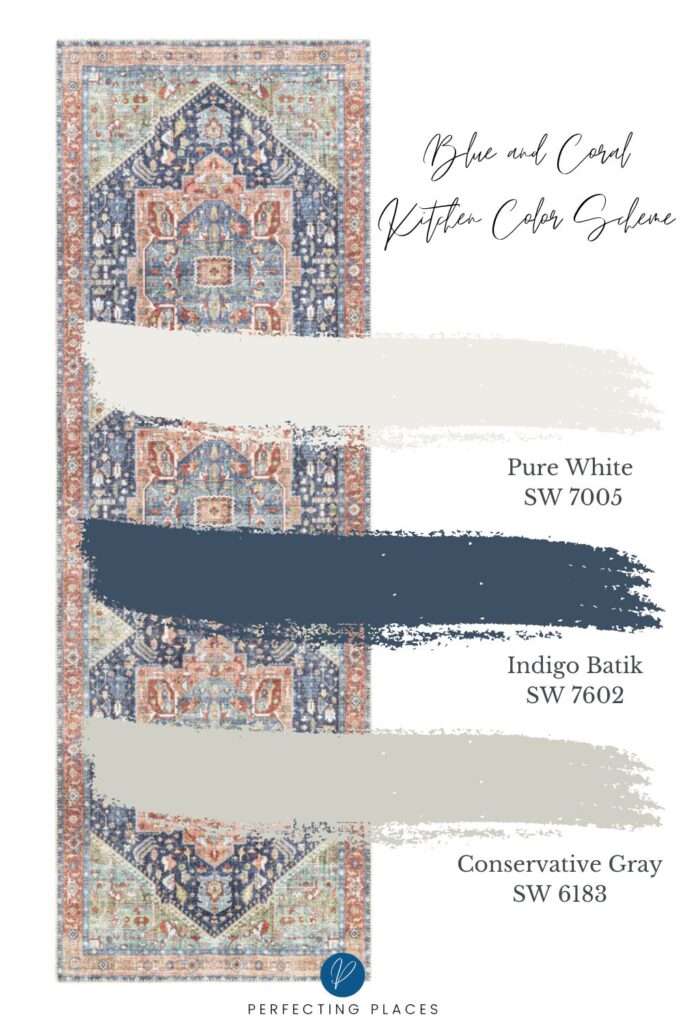 Navy and coral rug runner with navy and white color scheme.