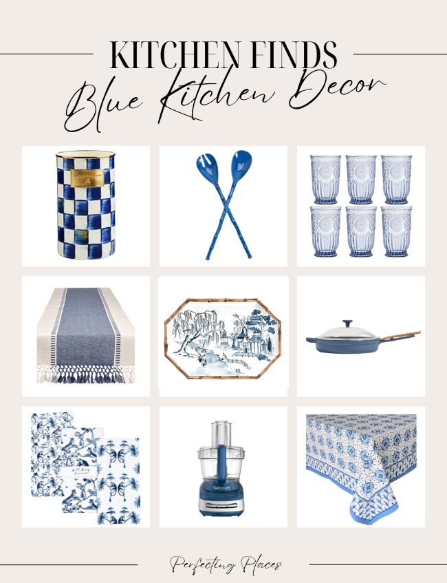 A collage titled "Kitchen Finds: Blue Kitchen Decor." It highlights blue-themed kitchen items including a blue and cream checkered vase, blue salad servers, blue glasses, a runner, a tray with a scenic design, a skillet, a floral kitchen towel, a food processor, and a tablecloth—all complementing The Best Sherwin Williams Paint Colors for Kitchens.