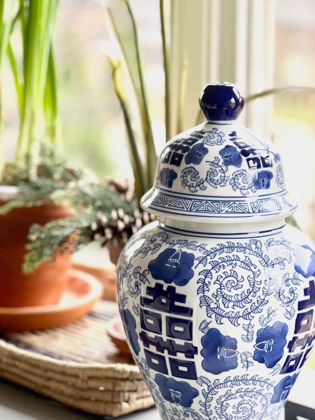 blue and white ginger jar for winter decor