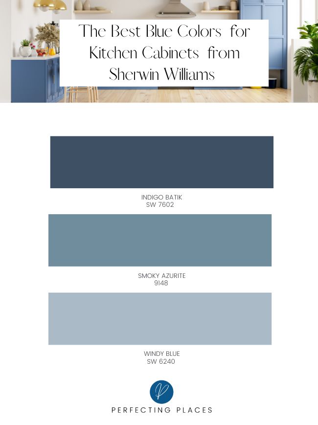 Favorite Sherwin Williams blue paint colors for kitchen cabinets. Windy Blue SW 6240, Smoky Azurite SW 9148, Indigo Batik SW 7602