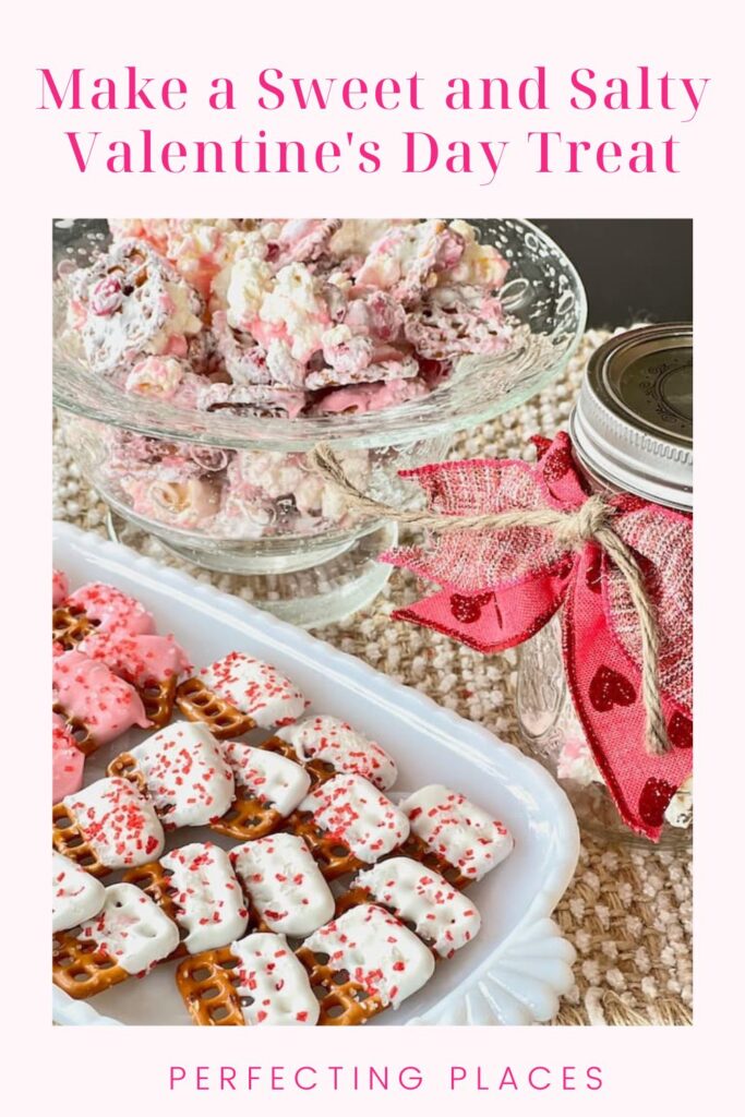 Candy covered pretzels with sweet and salty snack mix for Valentine's Day treats and gifts
