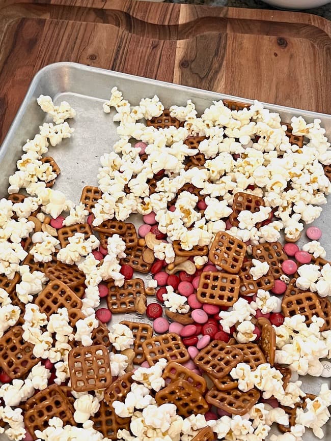 Pretzels, popcorn and Valentine's M&Ms for a snack mix