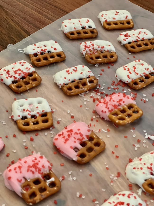 Candy covered pretzels for Valentine's Day