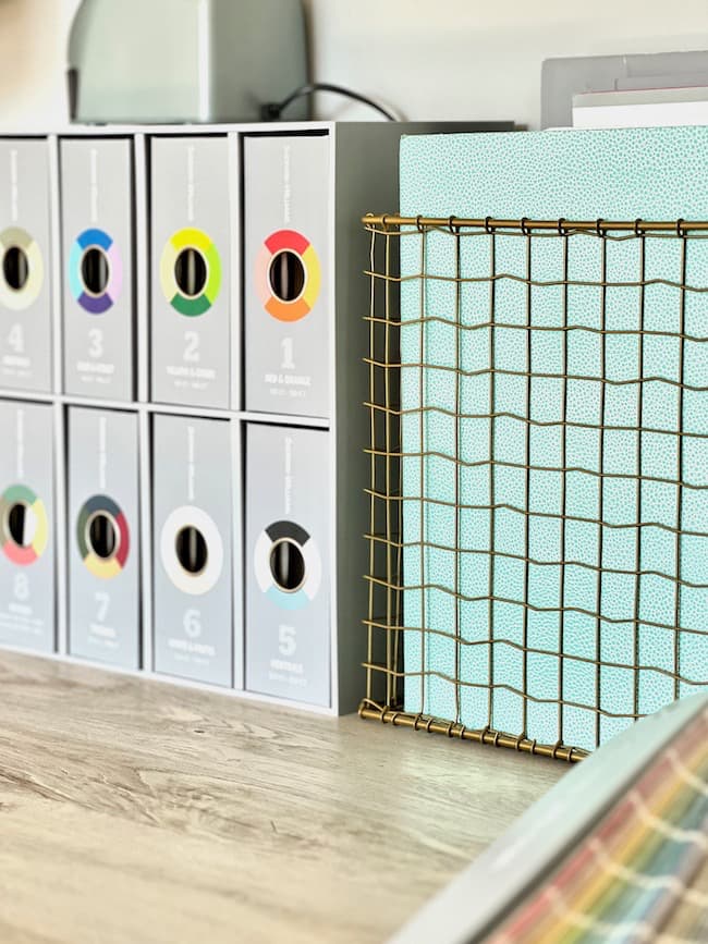 Organized paint color swatches craft room