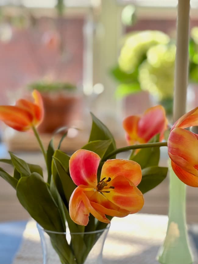 Easter kitchen decor with coral tulips