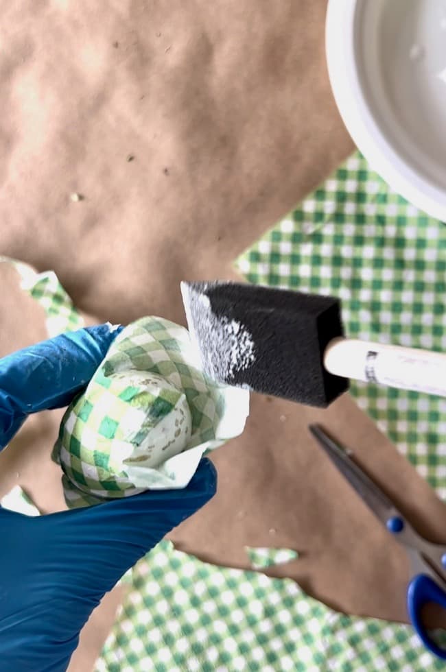 Decoupage Easter eggs with green and white gingham paper napkin