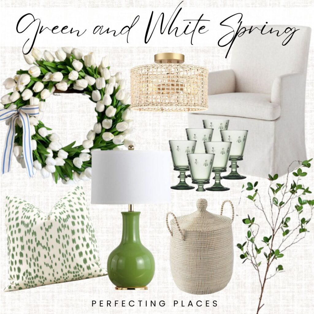 Green and white spring decor items -- white tulip wreath, rattan light fixture, green lamp, upholstered dining chair, green and white pillow, rattan lidded basket, green stemware, and spring greenery