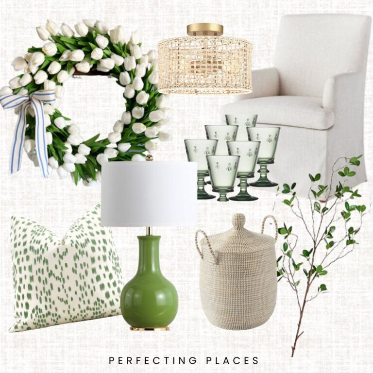 Seven On Saturday Green and white spring decor items -- white tulip wreath, rattan light fixture, green lamp, upholstered dining chair, green and white pillow, rattan lidded basket, green stemware, and spring greenery