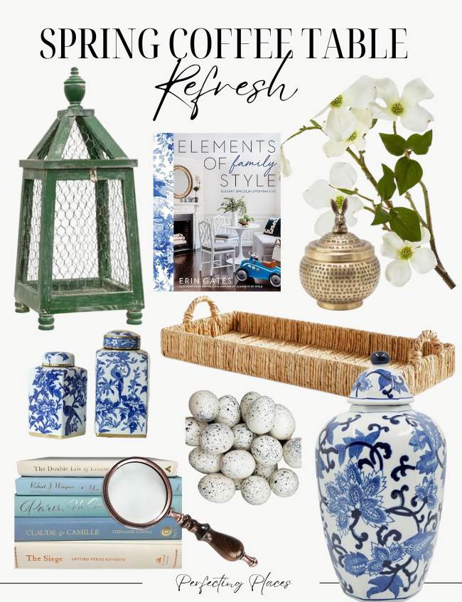 Collage of spring-themed coffee table decor featuring a green lantern, "Elements of Family Style," a gold jar, wicker tray, flower branch, two blue and white vases, stacked books, decorative speckled eggs, and blue patterned jars. Perfectly embodies the essence of spring coffee table decor.