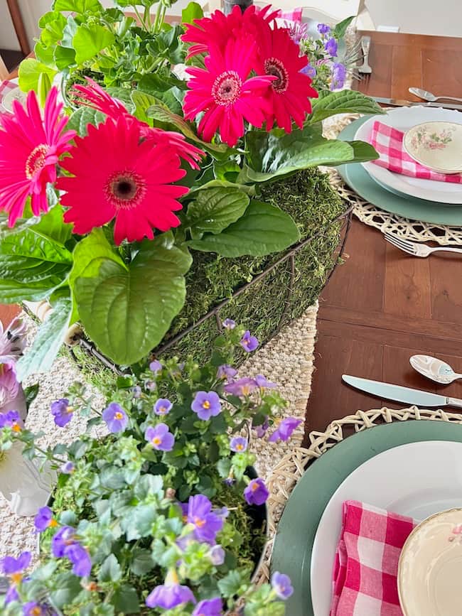 Mother's Day centerpiece with pink Gerbera daisies and purple flowers
