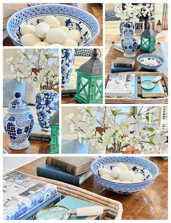 Spring coffee table decor comes to life in a collage featuring blue and white ceramic bowls filled with eggs, a lantern, books, and a vase of white flowers on a wooden table. Accessories like a magnifying glass and wicker trays enhance the cozy ambiance of this charming setup.