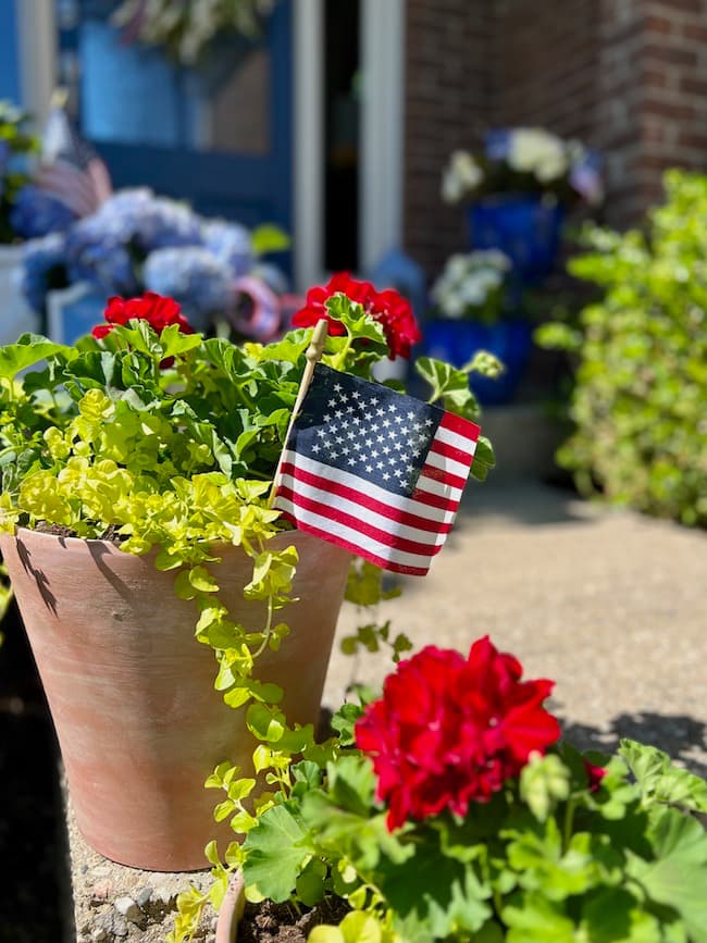 Patriotic flower pots with red geraniums and American flags in terracotta pots.