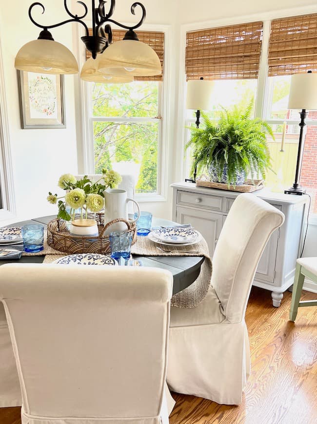 Round Table Centerpiece Ideas for Summer with two jute table runners in breakfast area