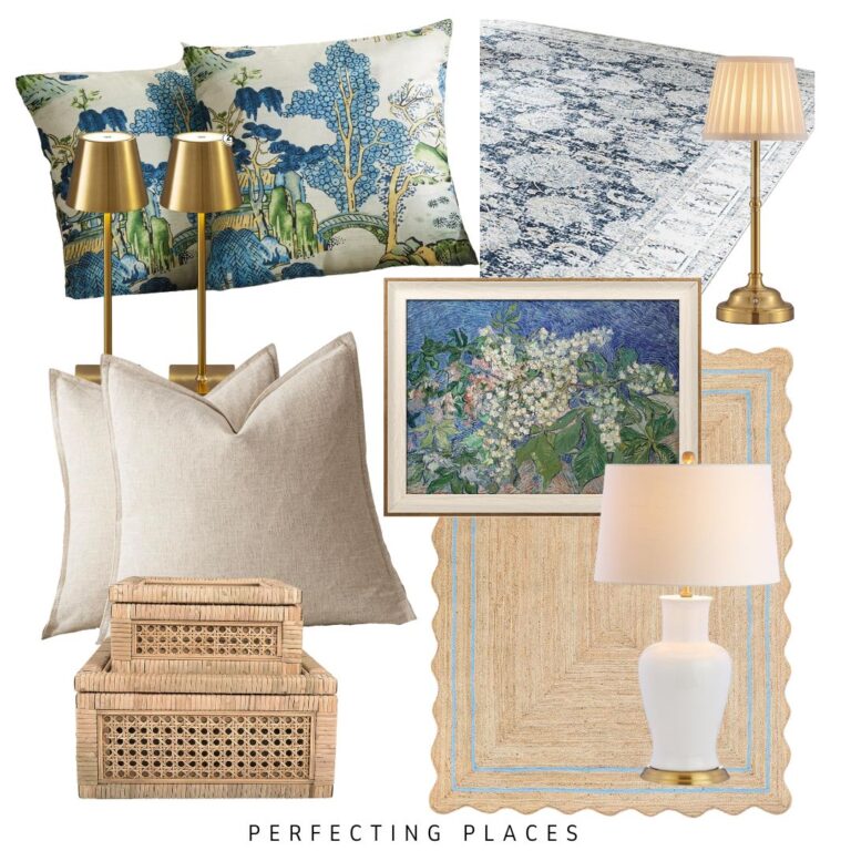 A collage of home decor items available on Amazon Prime Day includes two patterned pillows, a blue-tone rug, a pair of brass lamps with cream shades, a framed floral painting, beige pillows, wicker baskets, a beige woven rug with a blue border, and a white lamp with a beige shade. Text at the bottom reads "PERFECTING PLACES.