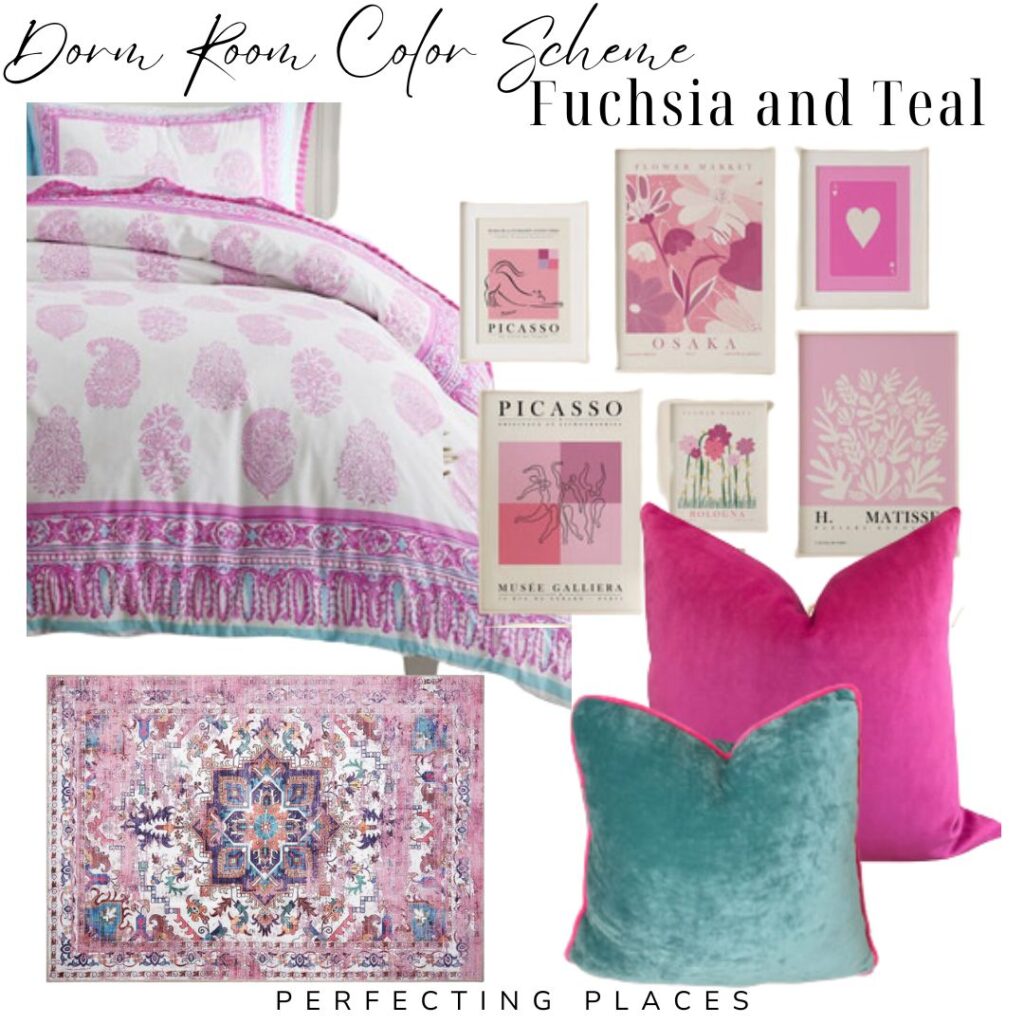 Dorm room color scheme ideas and decor in fuchsia and teal