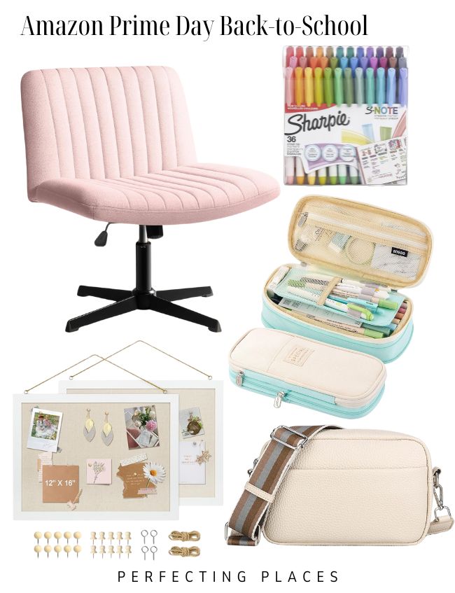 A collage of Amazon Prime Day back-to-school items includes a pink swivel chair, a set of colorful Sharpie markers, a pencil case filled with stationery, a bulletin board, and a beige crossbody bag with a striped strap. Text reads "2024 Amazon Prime Day Deals: Your Back-to-School Favorites" at the top.