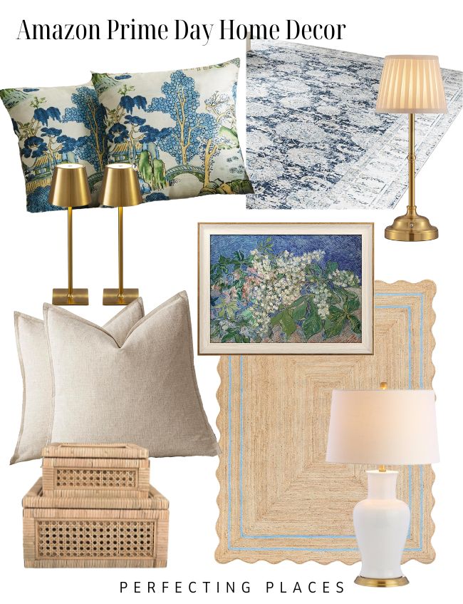         Collage of home decor items from Amazon Prime Day, including blue and white patterned pillows, brass lamp, blue rug, natural fiber rug with blue border, white lamp with shade, stackable baskets, beige pillows, and floral art print. Text: "Prime Day Deals 2024: My Favorite Home Decor.