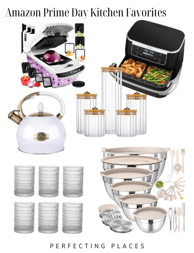 Image showcasing several kitchen items labeled as "Amazon Prime Day Kitchen Favorites." Included are a multi-sectional food chopper, an air fryer with food, a white kettle, clear glass containers with wooden lids, six clear glasses, and nesting stainless steel mixing bowls with lids. The words "Perfecting Places" appear at the bottom. Prime Day Deals 2024 are highlighted here!
