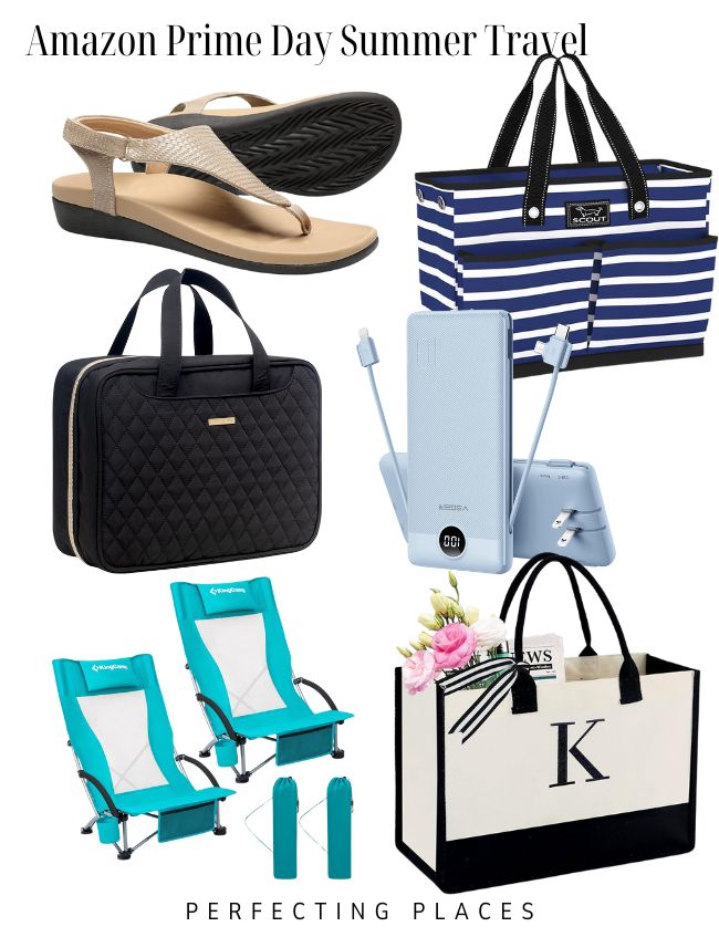 A collage titled "Amazon Prime Day Summer Travel" featuring various travel items including beige sandals, a blue and white striped tote, a black quilted travel bag, a light blue portable charger, two turquoise beach chairs, and a large white and black tote bag. Discover your 2024 favorites with these Prime Day Deals!