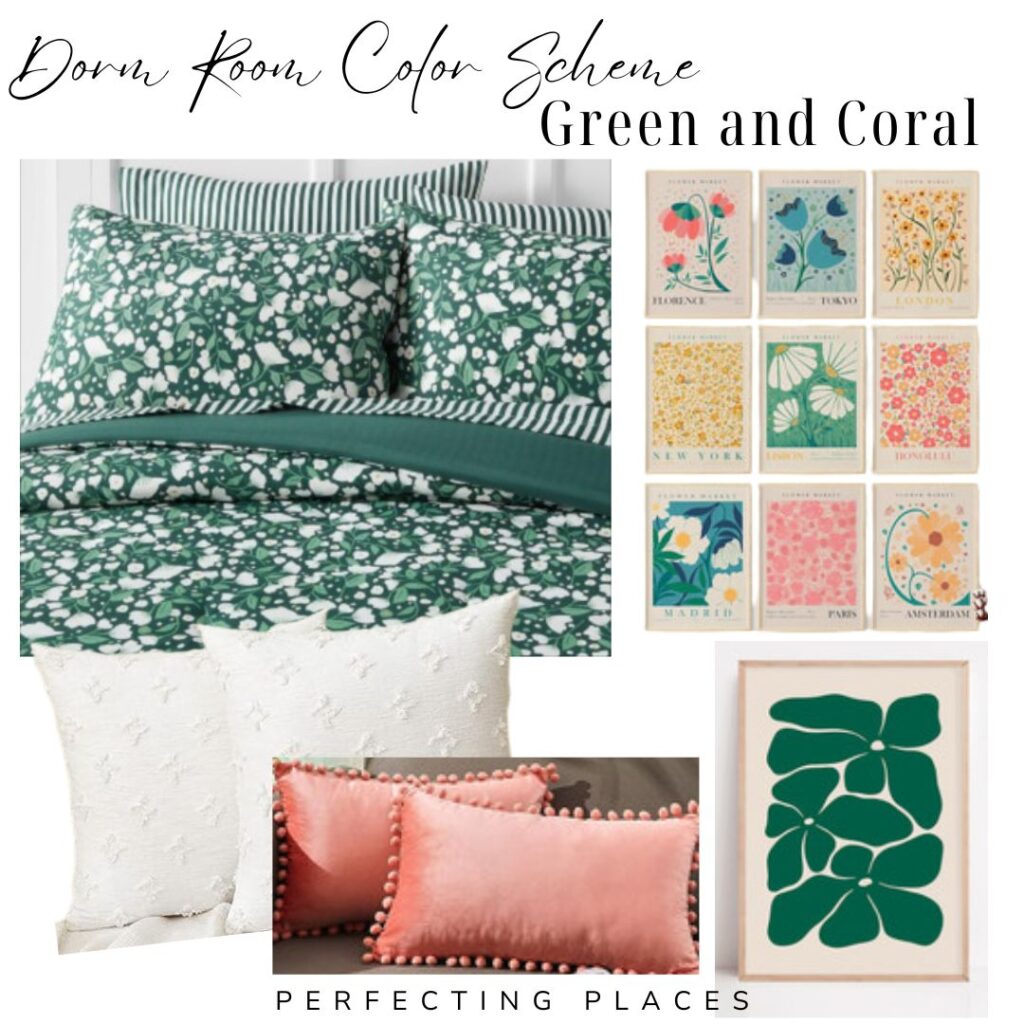 Dorm Room Color Scheme with green and coral