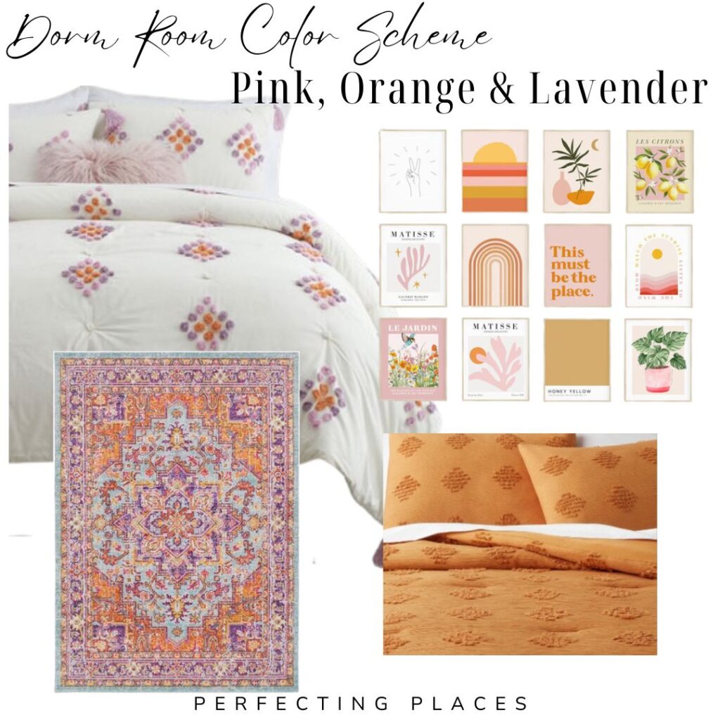 Dorm Room Color Scheme in pink, orange, and lavender