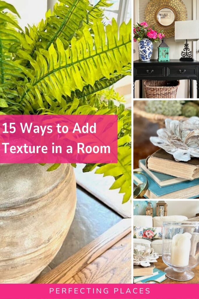 Add texture to a room with textural elements on coffee table -- oyster shell votive holder, stack of vintage books, magnifying glass, moss covered balls in woven basket.