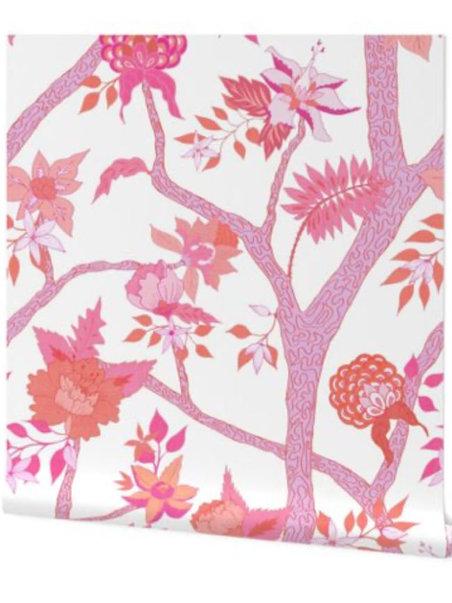 pink and orange Peony Branch wallpaper from Spoonflower
